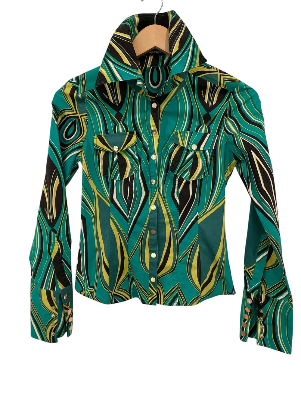 Vintage Y2K Bebe Western Glam Geometric Print Fitted Button Down Shirt Women